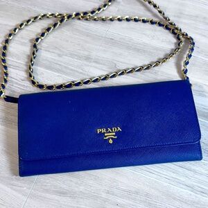 Prada Saffiano Leather Blue Wallet on Chain